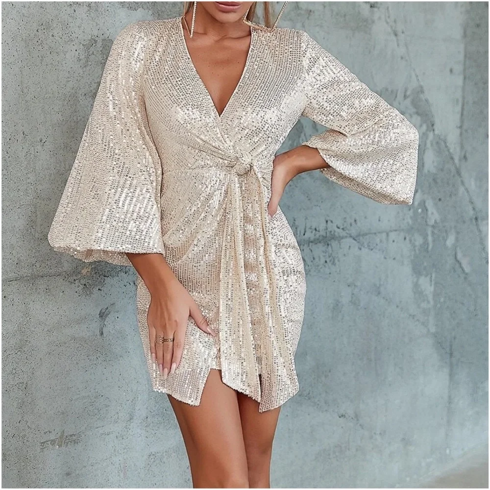 Luxe Sequin Wrap Party Evening Holiday Dress - Picture 2 of 5